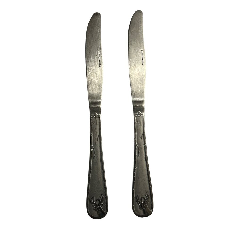 Vintage Stainless Steel Butter Knives With Deer & Forest Design